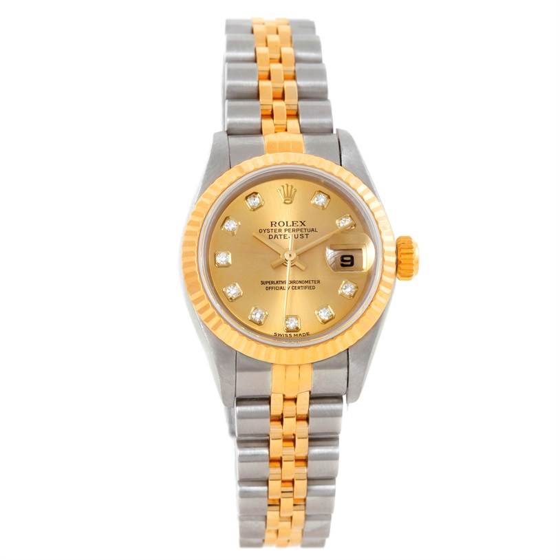 The Rolex Datejust 79173 Women's Stainless Steel Champagne Dial 79173 Women's Stainless Steel Champagne Dial watch is shown from a top-down angle, highlighting its dial, bezel, and two-tone bracelet.
