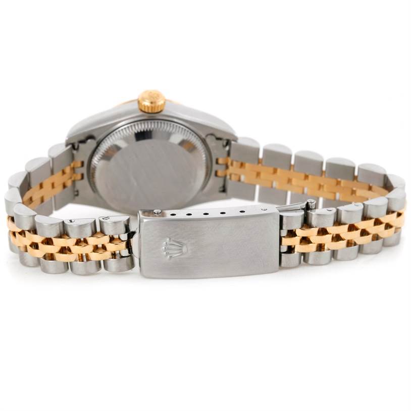 The image shows the back case and Jubilee bracelet of a Rolex Datejust 79173 Women's Stainless Steel Champagne Dial 79173 Women's Stainless Steel Champagne Dial watch, focusing on the clasp and crown.