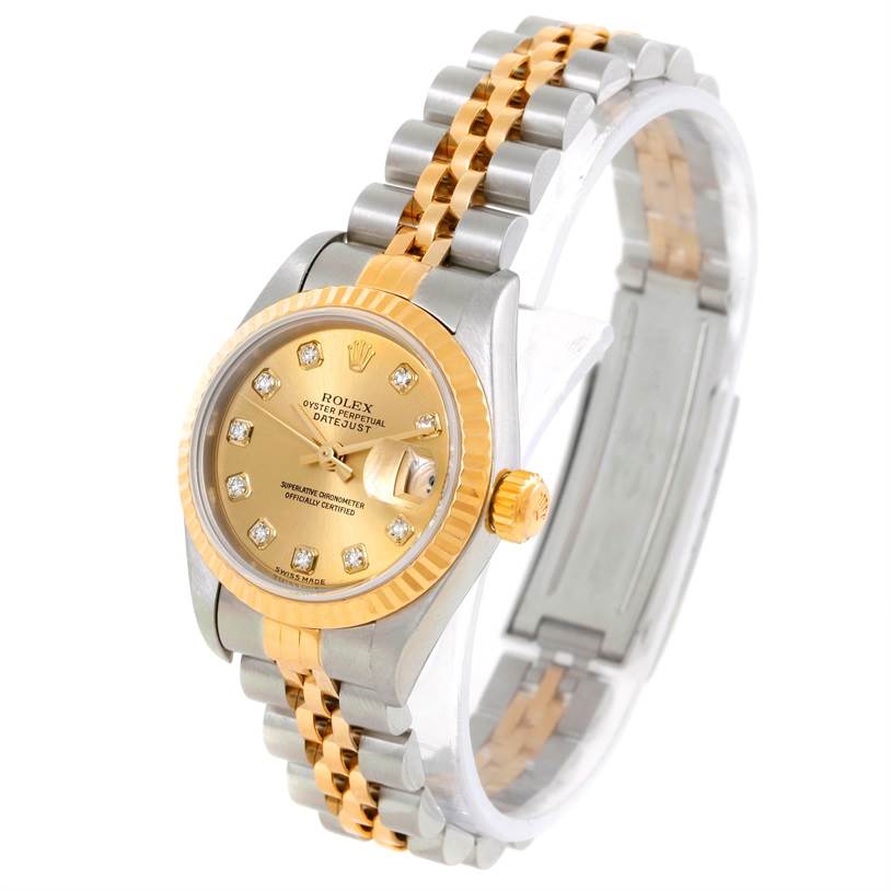 The image shows a Rolex Datejust 79173 Women's Stainless Steel Champagne Dial 79173 Women's Stainless Steel Champagne Dial watch at an angled side view, highlighting its two-tone band, gold bezel, and dial.