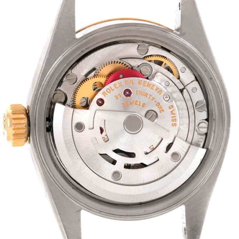 The image shows the movement and internal mechanism of a Rolex Datejust 79173 Women's Stainless Steel Champagne Dial 79173 Women's Stainless Steel Champagne Dial watch, viewed from the back with the caseback removed.