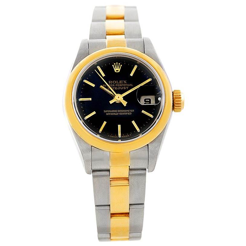 This image shows a front view of a Rolex Datejust 79163 Women's Steel and Gold (two tone) Black Dial 79163 Women's Steel and Gold (two tone) Black Dial with a black dial, gold bezel, and two-tone metal bracelet.