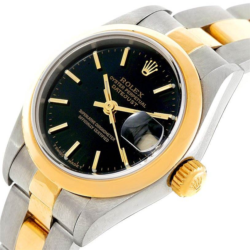This Rolex Datejust 79163 Women's Steel and Gold (two tone) Black Dial 79163 Women's Steel and Gold (two tone) Black Dial watch is shown at a slight angle, featuring the face, bezel, crown, and part of the bracelet.