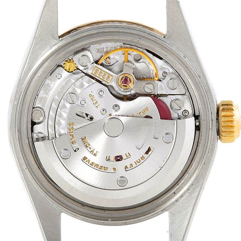 This image shows the movement mechanism of a Rolex Datejust 79163 Women's Steel and Gold (two tone) Black Dial 79163 Women's Steel and Gold (two tone) Black Dial watch from a top-down angle with the case back removed.