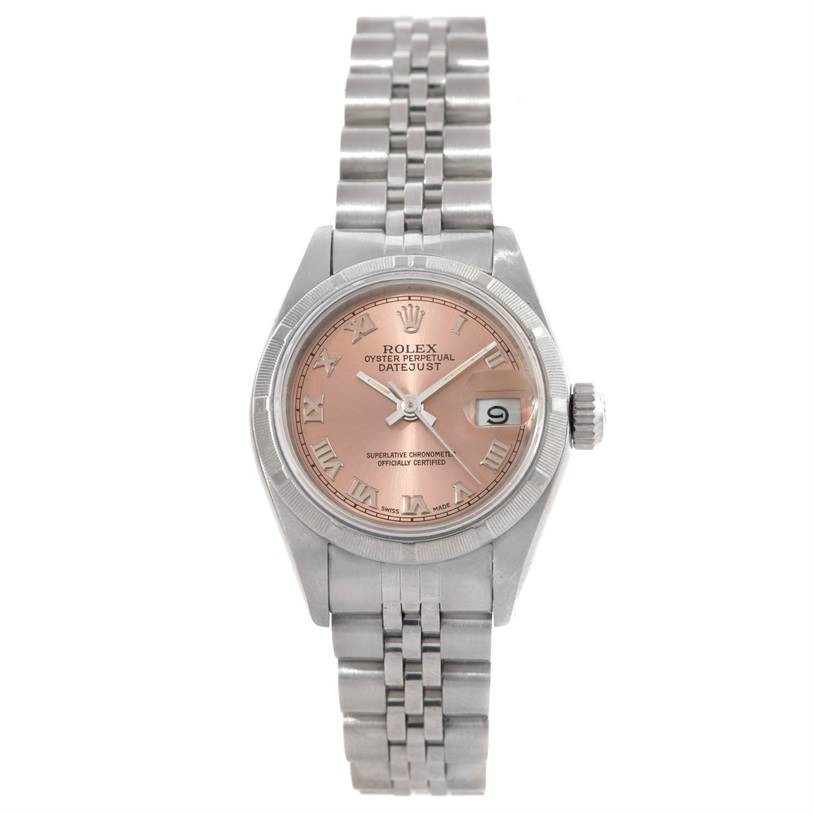 The image shows a front view of a Rolex Datejust 69190 Women's Stainless Steel Pink Dial 69190 Women's Stainless Steel Pink Dial watch, highlighting its face, bezel, and stainless steel bracelet.