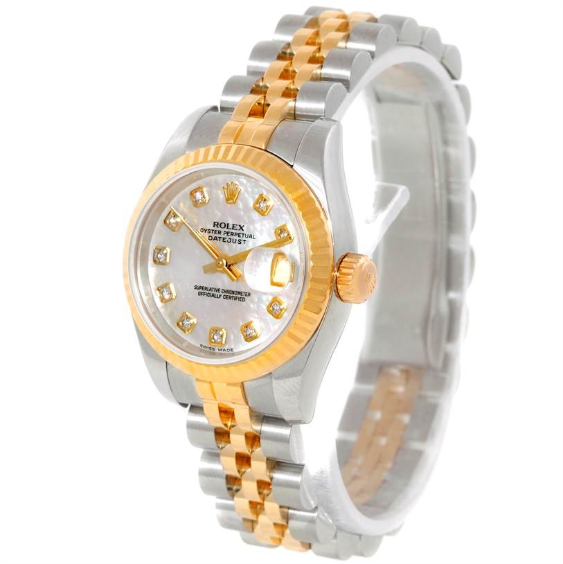 The Rolex Datejust 179173 Women's Steel and Gold (two tone) Mother of Pearl Dial 179173 Women's Steel and Gold (two tone) Mother of Pearl Dial watch is shown at an angle, displaying its dial, crown, fluted bezel, and two-tone bracelet.