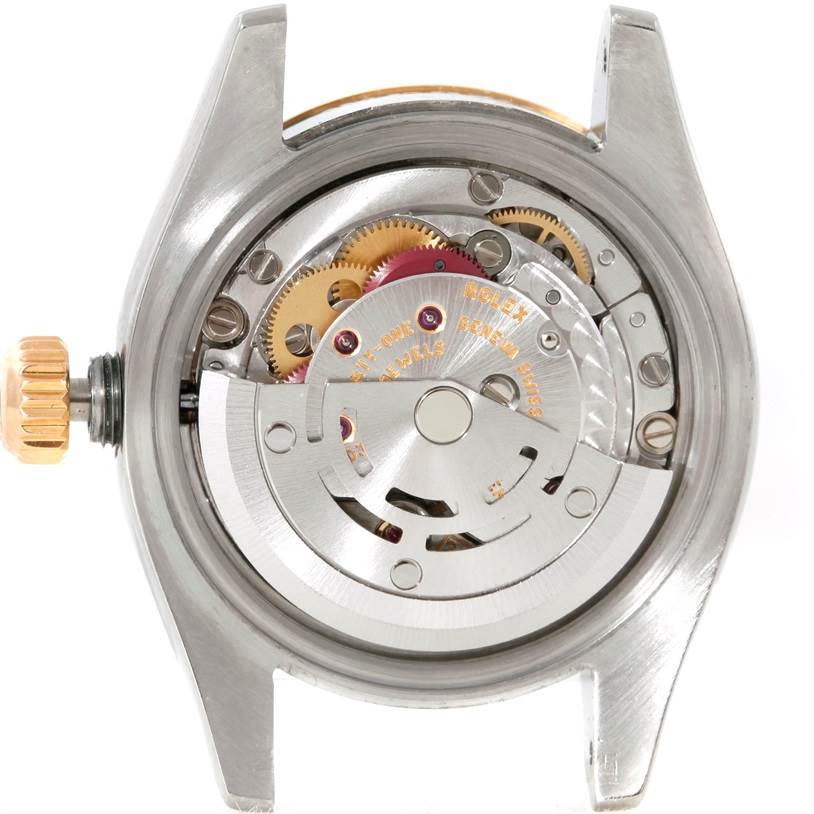 This image shows the internal movement mechanism of a Rolex Datejust 179173 Women's Steel and Gold (two tone) Mother of Pearl Dial 179173 Women's Steel and Gold (two tone) Mother of Pearl Dial watch, viewed from the back without the case back.