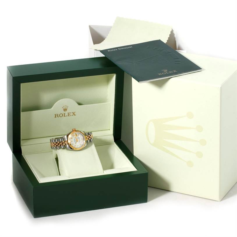 The image shows a Rolex Datejust 179173 Women's Steel and Gold (two tone) Mother of Pearl Dial 179173 Women's Steel and Gold (two tone) Mother of Pearl Dial watch in its open green box, set inside another open box with a Rolex Datejust 179173 Women's Steel and Gold (two tone) Mother of Pearl Dial 179173 Women's Steel and Gold (two tone) Mother of Pearl Dial booklet on top.