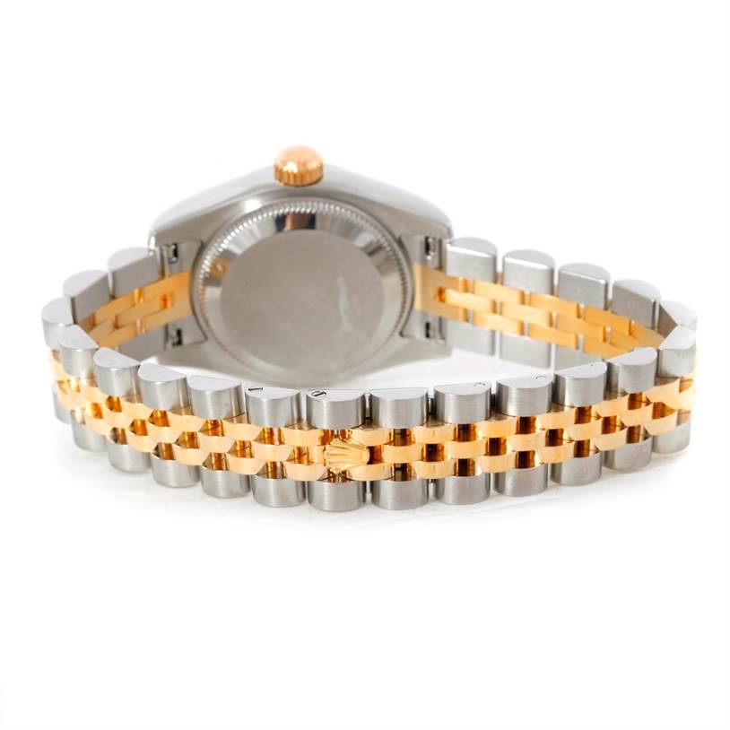 This image shows the back view of a Rolex Datejust 179173 Women's Steel and Gold (two tone) Mother of Pearl Dial 179173 Women's Steel and Gold (two tone) Mother of Pearl Dial watch, highlighting the case back and two-tone jubilee bracelet.