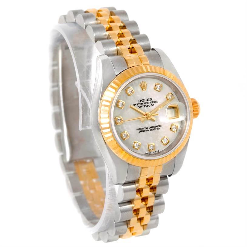 The Rolex Datejust 179173 Women's Steel and Gold (two tone) Mother of Pearl Dial 179173 Women's Steel and Gold (two tone) Mother of Pearl Dial watch is shown at an angled side view, highlighting its bracelet, dial, and bezel.