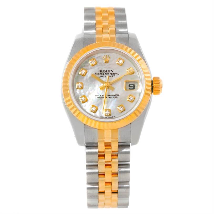 This Rolex Datejust 179173 Women's Steel and Gold (two tone) Mother of Pearl Dial 179173 Women's Steel and Gold (two tone) Mother of Pearl Dial watch is shown from the front, displaying its face, bracelet, bezel, and crown.