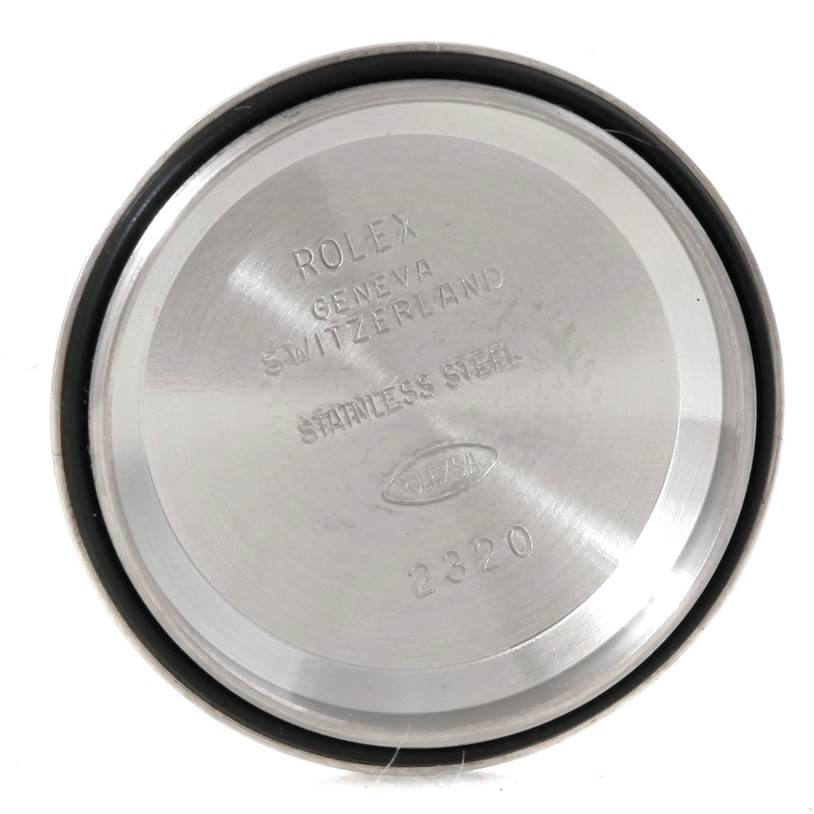 This image shows the stainless steel back case of a Rolex Datejust 179174 Women's Stainless Steel Mother of Pearl Dial 179174 Women's Stainless Steel Mother of Pearl Dial watch.