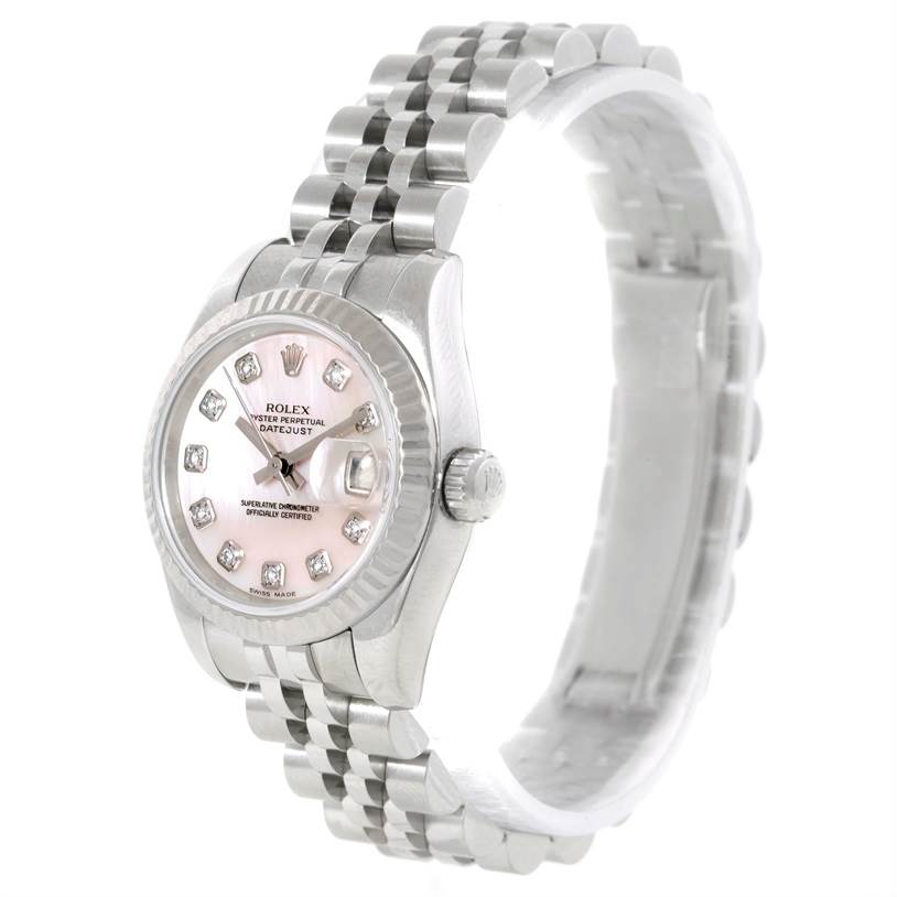 The image shows a Rolex Datejust 179174 Women's Stainless Steel Mother of Pearl Dial 179174 Women's Stainless Steel Mother of Pearl Dial watch, angled to display the dial, bezel, and link bracelet.