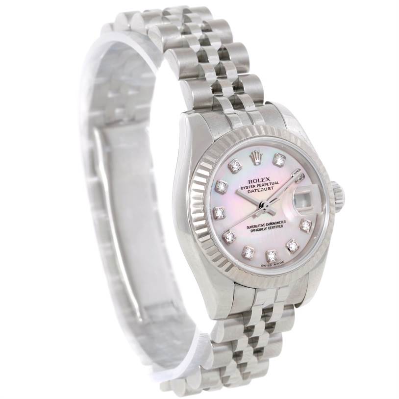 The image shows a Rolex Datejust 179174 Women's Stainless Steel Mother of Pearl Dial 179174 Women's Stainless Steel Mother of Pearl Dial watch from a three-quarter angle, highlighting its dial, bezel, and band.