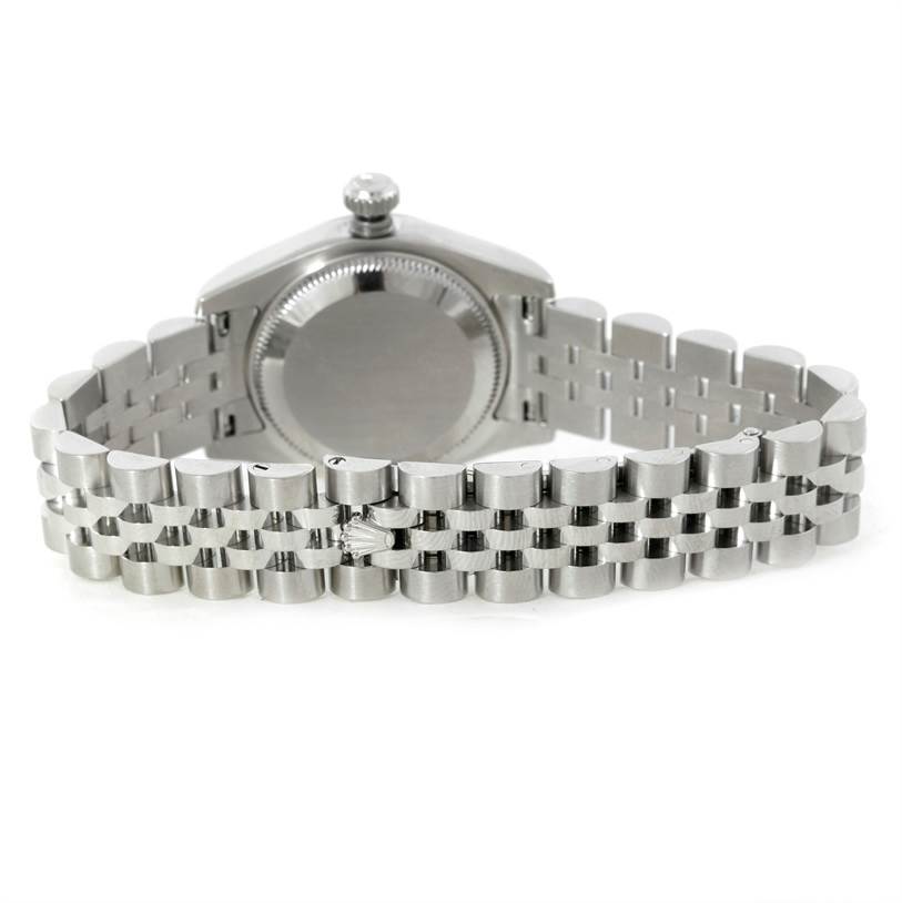 The image shows the back view of a Rolex Datejust 179174 Women's Stainless Steel Mother of Pearl Dial 179174 Women's Stainless Steel Mother of Pearl Dial watch, focusing on the case back and the Jubilee bracelet.