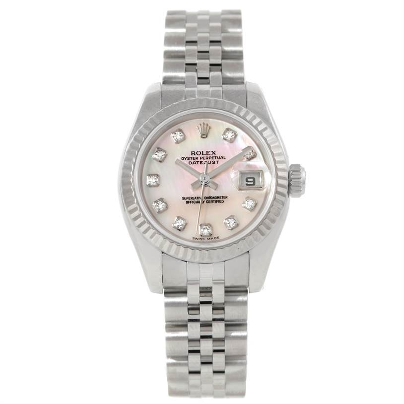 This Rolex Datejust 179174 Women's Stainless Steel Mother of Pearl Dial 179174 Women's Stainless Steel Mother of Pearl Dial watch is shown from a top-down angle, fully displaying its dial, bezel, bracelet, and crown.