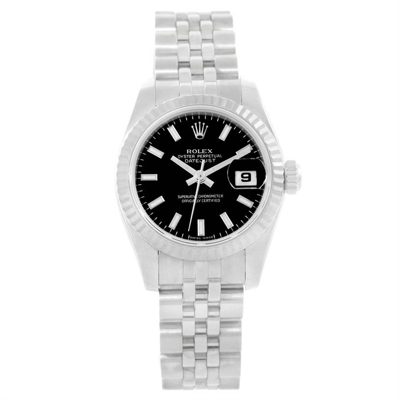 This image shows a front view of the Rolex Datejust 179174 Women
s Stainless Steel Black Dial 179174 Women
s Stainless Steel Black Dial watch, highlighting its black dial, fluted bezel, and Jubilee bracelet.