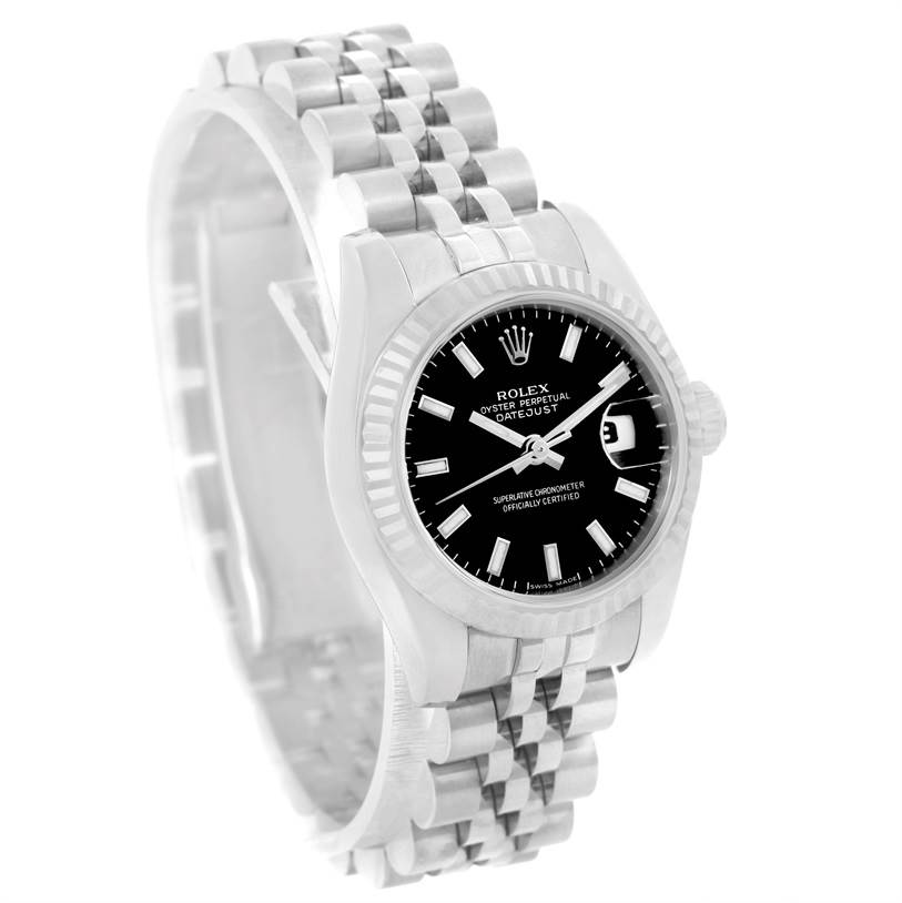 The image shows a Rolex Datejust 179174 Women
s Stainless Steel Black Dial 179174 Women
s Stainless Steel Black Dial watch angled from the front left, displaying the bezel, dial, and bracelet.