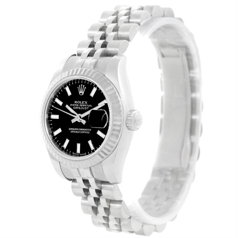 The image shows a Rolex Datejust 179174 Women
s Stainless Steel Black Dial 179174 Women
s Stainless Steel Black Dial watch from a slight angle, highlighting the face, bezel, crown, and part of the bracelet.