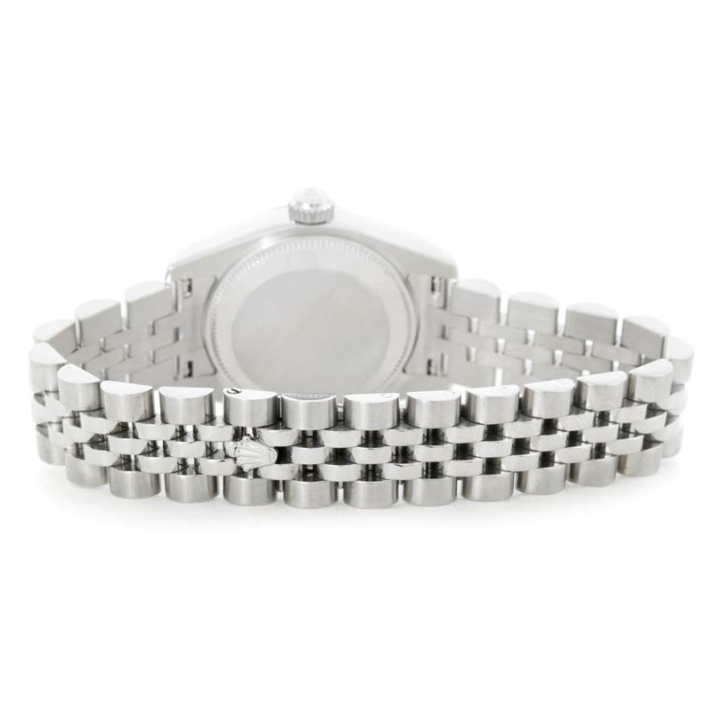 This image shows the back side of the case and bracelet of a Rolex Datejust 179174 Women
s Stainless Steel Black Dial 179174 Women
s Stainless Steel Black Dial watch.