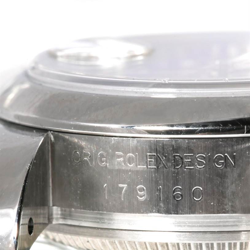 The image shows a close-up side view of the case and bezel of a Rolex Datejust 179160 Women's Stainless Steel Blue Dial 179160 Women's Stainless Steel Blue Dial watch, highlighting the model number and "ORIG ROLEX DESIGN" engraving.