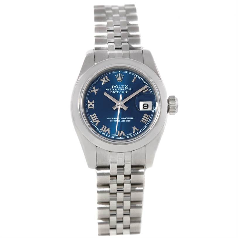 The image shows a front view of a Rolex Datejust 179160 Women's Stainless Steel Blue Dial 179160 Women's Stainless Steel Blue Dial watch, highlighting its dial, bracelet, and date window.