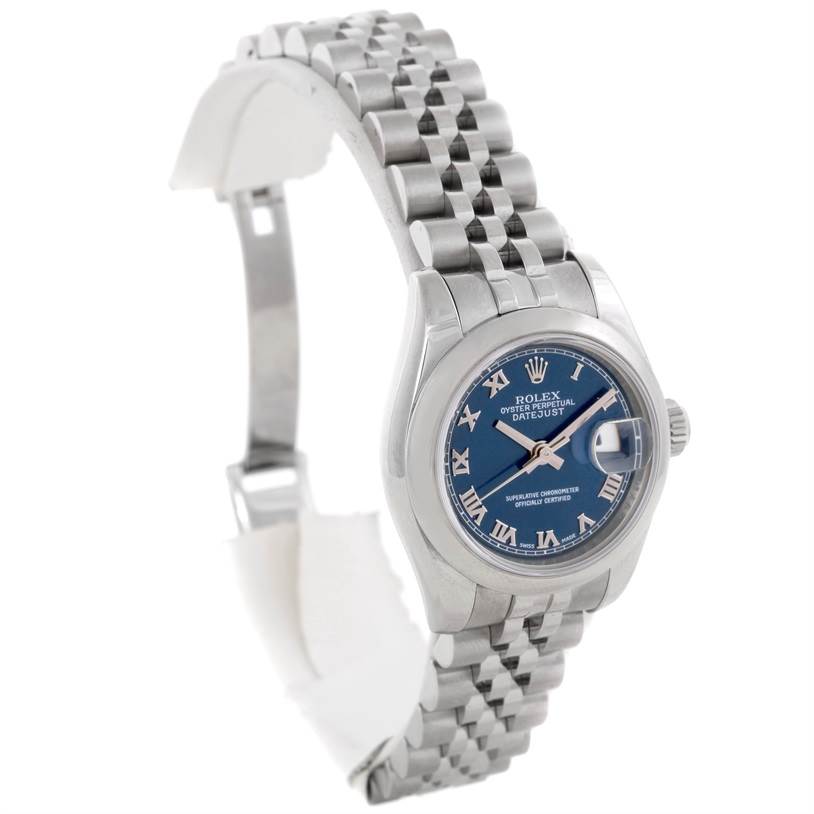 This image shows a Rolex Datejust 179160 Women's Stainless Steel Blue Dial 179160 Women's Stainless Steel Blue Dial watch angled to display the dial, bracelet, and side profile of the case.