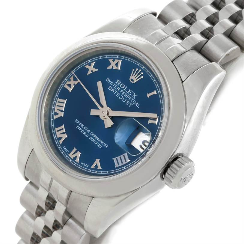 This image shows a close-up angle of the Rolex Datejust 179160 Women's Stainless Steel Blue Dial 179160 Women's Stainless Steel Blue Dial watch, focusing on its blue dial, crown, and stainless steel bracelet.