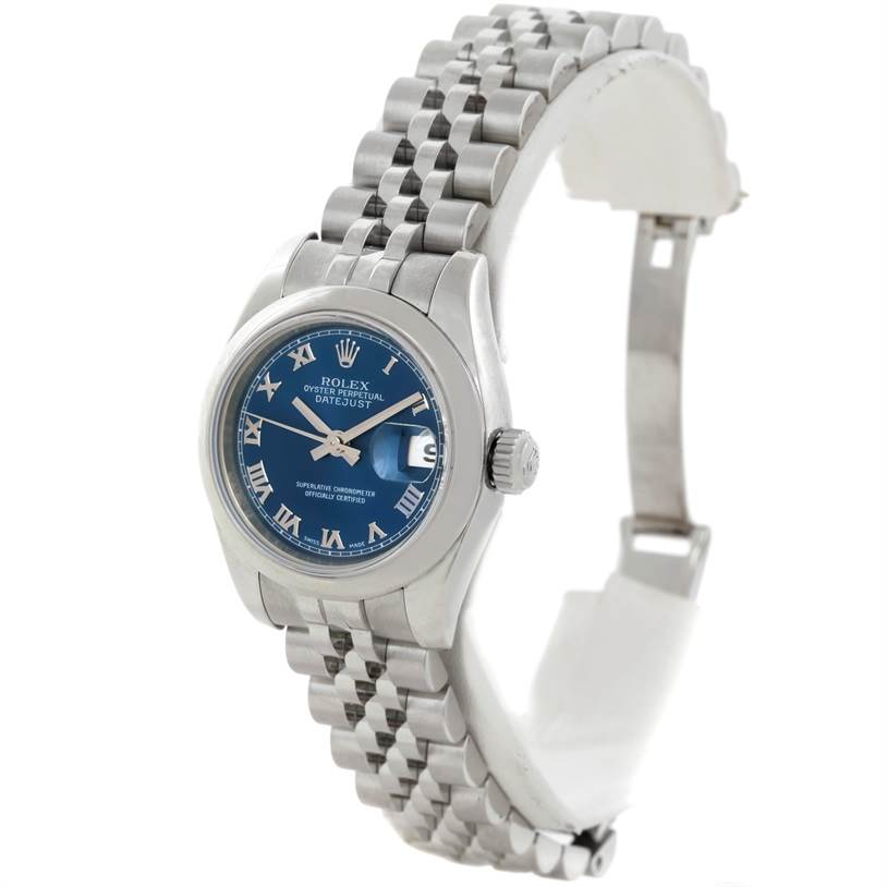 The Rolex Datejust 179160 Women's Stainless Steel Blue Dial 179160 Women's Stainless Steel Blue Dial watch is shown at a slight angle, featuring a blue dial and silver Jubilee bracelet.