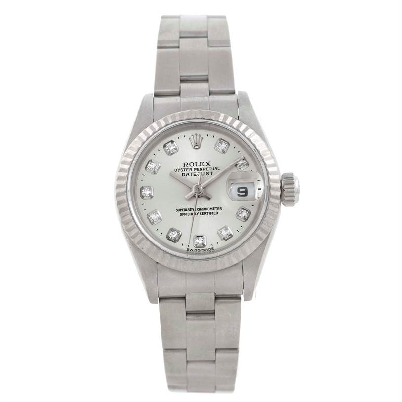 The image shows a front view of a Rolex Datejust 69174 Women's Stainless Steel Silver Dial 69174 Women's Stainless Steel Silver Dial watch, displaying the dial, bezel, and bracelet.