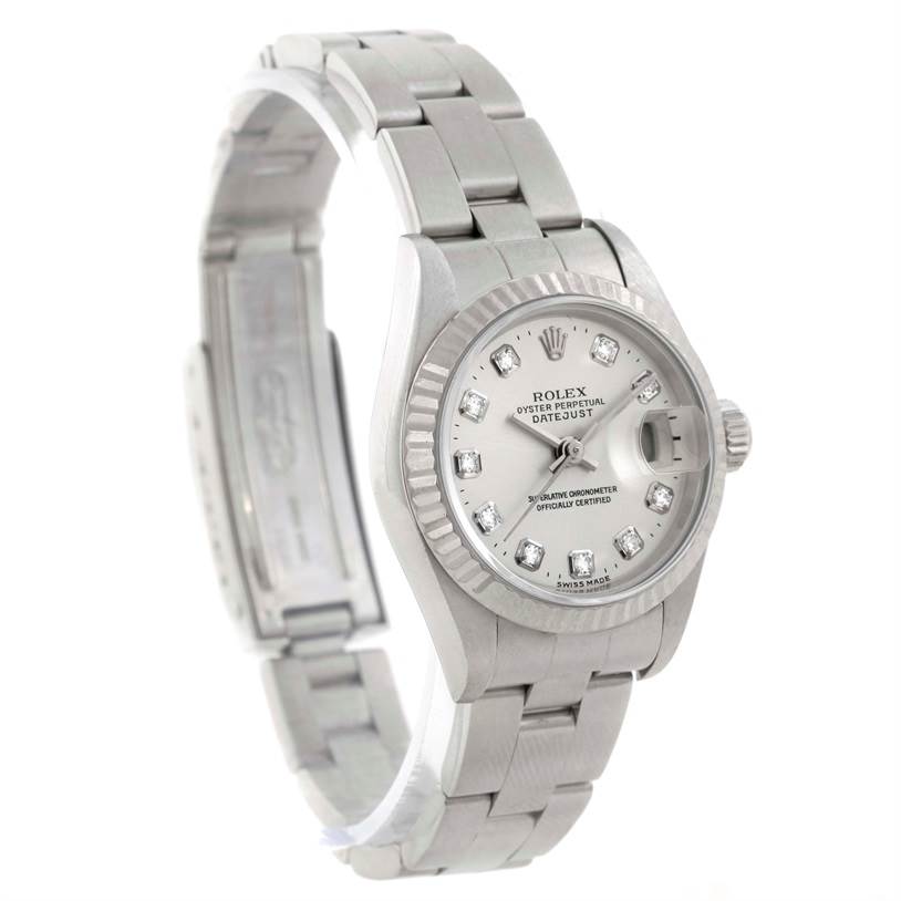 This image shows a Rolex Datejust 69174 Women's Stainless Steel Silver Dial 69174 Women's Stainless Steel Silver Dial watch at a three-quarter angle, displaying the face, bezel, crown, and bracelet.