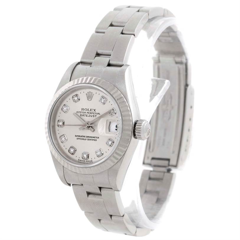 The Rolex Datejust 69174 Women's Stainless Steel Silver Dial 69174 Women's Stainless Steel Silver Dial watch is shown at a three-quarter angle, highlighting the watch face, crown, and part of the bracelet.