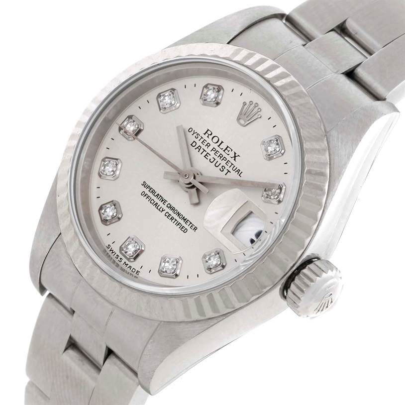 The Rolex Datejust 69174 Women's Stainless Steel Silver Dial 69174 Women's Stainless Steel Silver Dial watch is shown at a slight angle, displaying the dial, bezel, crown, and part of the bracelet.