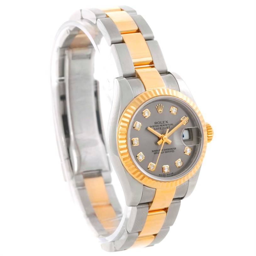 The image shows a Rolex Datejust 179173 Women's Steel and Gold (two tone) Grey Dial 179173 Women's Steel and Gold (two tone) Grey Dial watch angled to display its dial, two-tone bracelet, and fluted bezel.