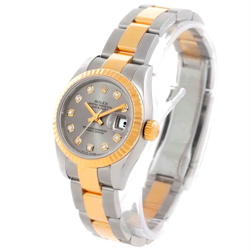 The Rolex Datejust 179173 Women's Steel and Gold (two tone) Grey Dial 179173 Women's Steel and Gold (two tone) Grey Dial watch is shown from an angled view, displaying the entire face, bezel, and two-tone bracelet.