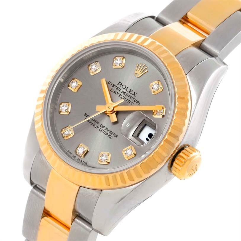 The Rolex Datejust 179173 Women's Steel and Gold (two tone) Grey Dial 179173 Women's Steel and Gold (two tone) Grey Dial watch is shown at an angled view displaying the face, bezel, and part of the bracelet.