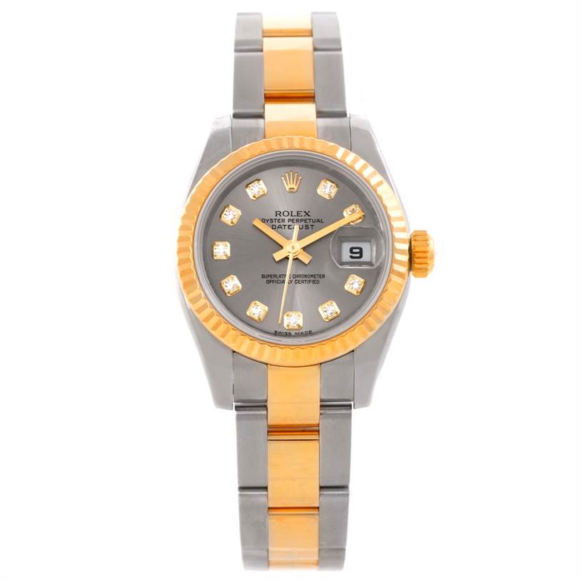 This image shows the front view of a Rolex Datejust 179173 Women's Steel and Gold (two tone) Grey Dial 179173 Women's Steel and Gold (two tone) Grey Dial watch, highlighting its dial, bezel, and two-toned bracelet.