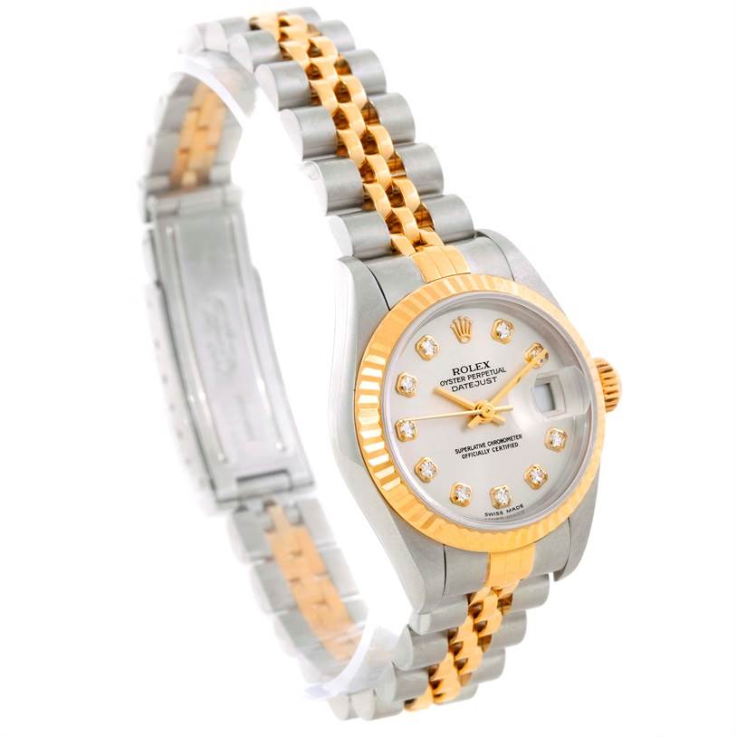 This is a close-up view of a Rolex Datejust 79173 Women
s Stainless Steel Silver Dial 79173 Women
s Stainless Steel Silver Dial watch showing the face, bezel, and two-tone bracelet.