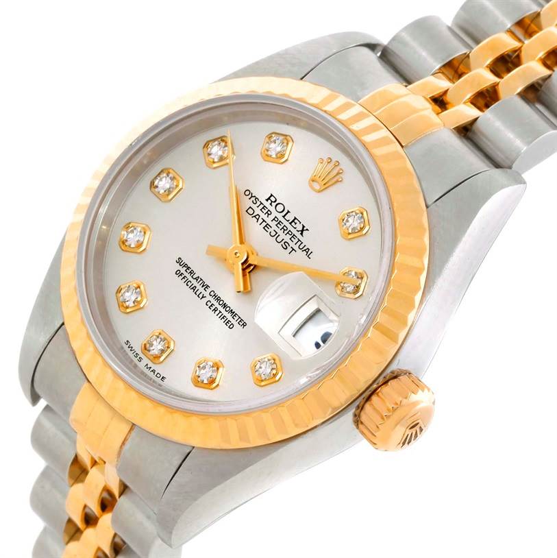 The image shows a close-up angled view of the Rolex Datejust 79173 Women
s Stainless Steel Silver Dial 79173 Women
s Stainless Steel Silver Dial watch, highlighting its face, bezel, and part of the bracelet.
