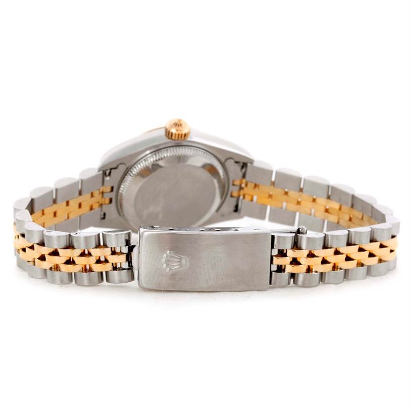 This image shows the back view of the Rolex Datejust 79173 Women
s Stainless Steel Silver Dial 79173 Women
s Stainless Steel Silver Dial watch focusing on the clasp and two-tone bracelet.