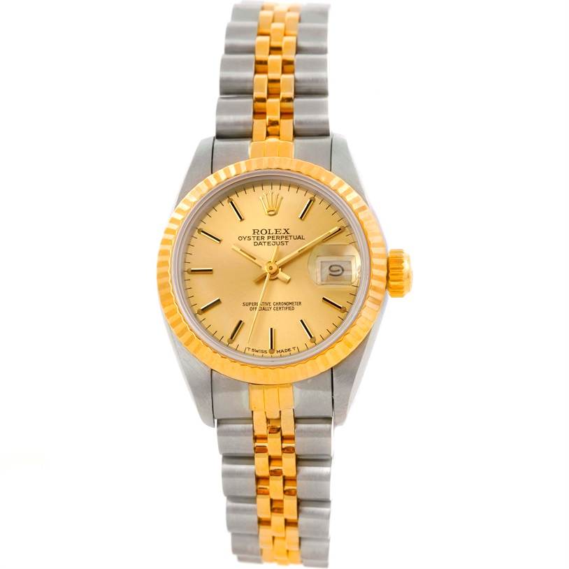 This image shows a front view of the Rolex Datejust 69173 Women's Stainless Steel Champagne Dial 69173 Women's Stainless Steel Champagne Dial watch, highlighting the gold dial, bezel, and two-tone bracelet.