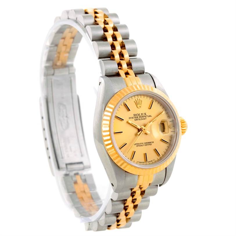 The Rolex Datejust 69173 Women's Stainless Steel Champagne Dial 69173 Women's Stainless Steel Champagne Dial watch is shown at an angle highlighting its two-tone bracelet, bezel, dial, and crown.