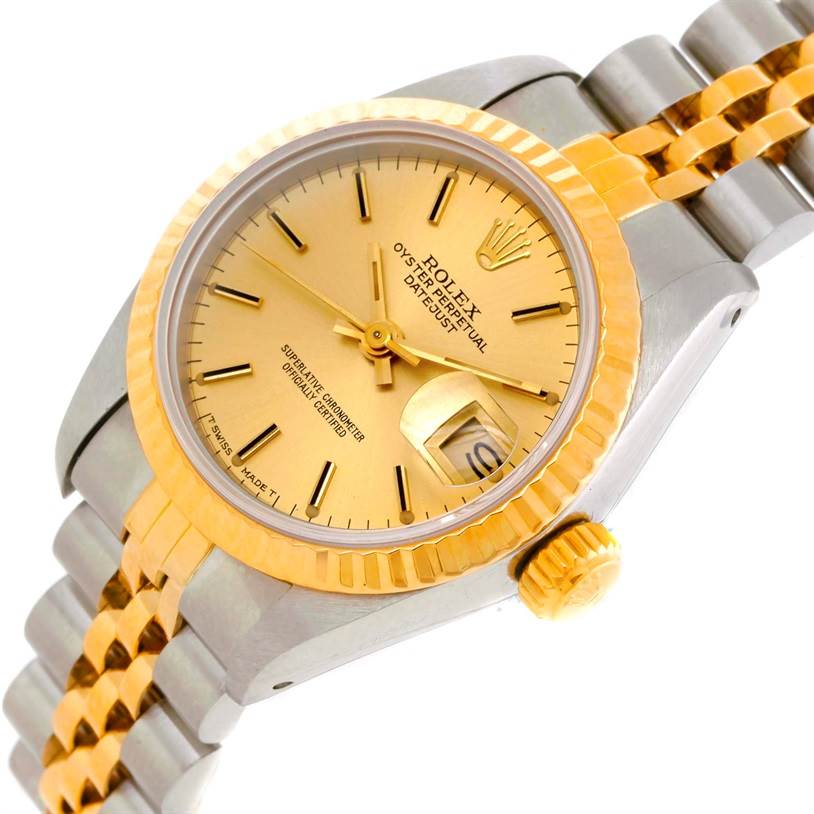 The image shows a Rolex Datejust 69173 Women's Stainless Steel Champagne Dial 69173 Women's Stainless Steel Champagne Dial watch at a slight angle, highlighting its gold dial, crown, bezel, and two-tone bracelet.