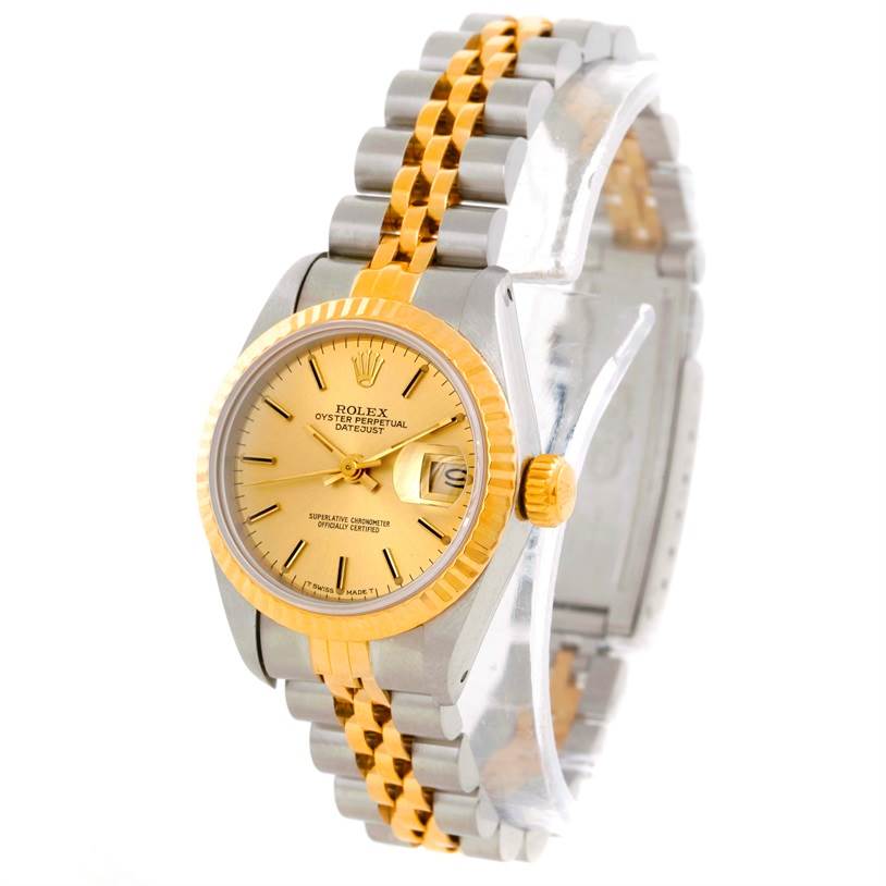 This Rolex Datejust 69173 Women's Stainless Steel Champagne Dial 69173 Women's Stainless Steel Champagne Dial watch is shown from a front angle, featuring the dial, bezel, crown, and part of the Jubilee bracelet.
