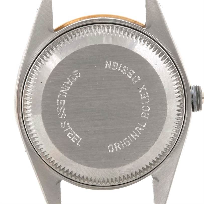 This image shows the back case of a Rolex Datejust 69173 Women's Stainless Steel Champagne Dial 69173 Women's Stainless Steel Champagne Dial watch, displaying the "Stainless Steel" and "Original Rolex Design" engravings.