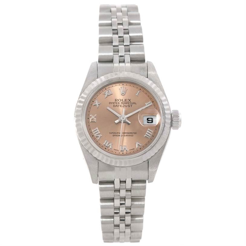 The image shows a Rolex Datejust 79174 Women's Stainless Steel Pink Dial 79174 Women's Stainless Steel Pink Dial watch from the front, displaying the dial, bezel, bracelet, and date window.