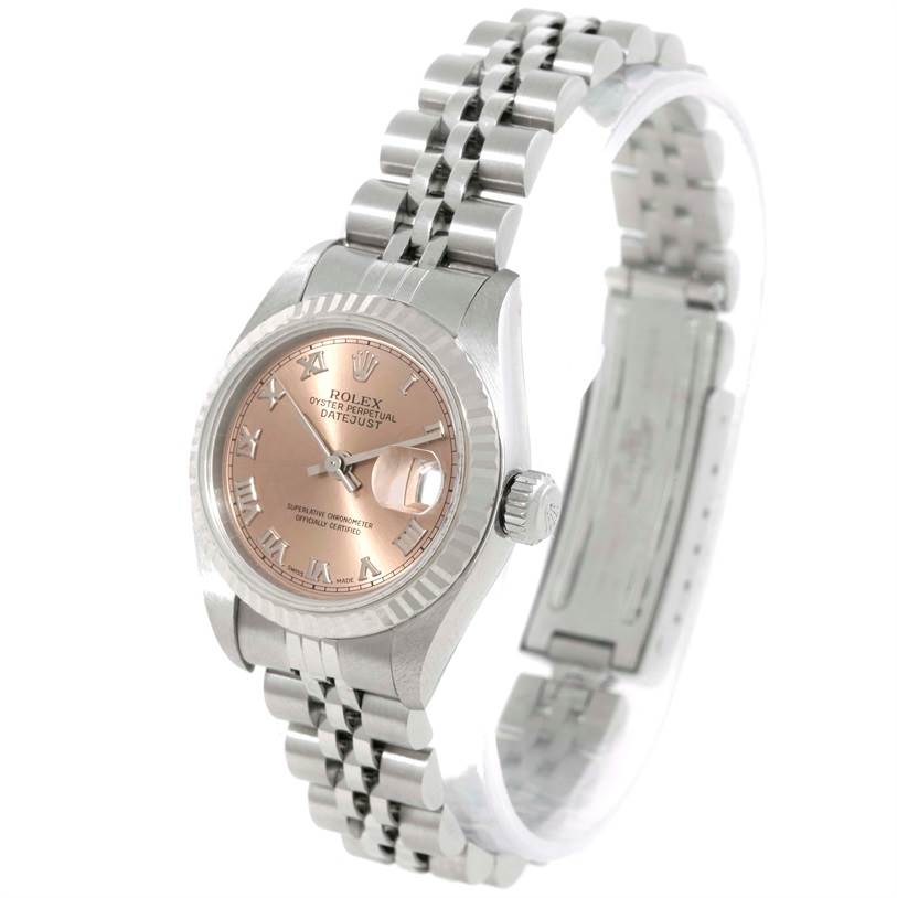 The Rolex Datejust 79174 Women's Stainless Steel Pink Dial 79174 Women's Stainless Steel Pink Dial watch is shown at a slight angle, displaying its face, bezel, crown, and bracelet clearly.