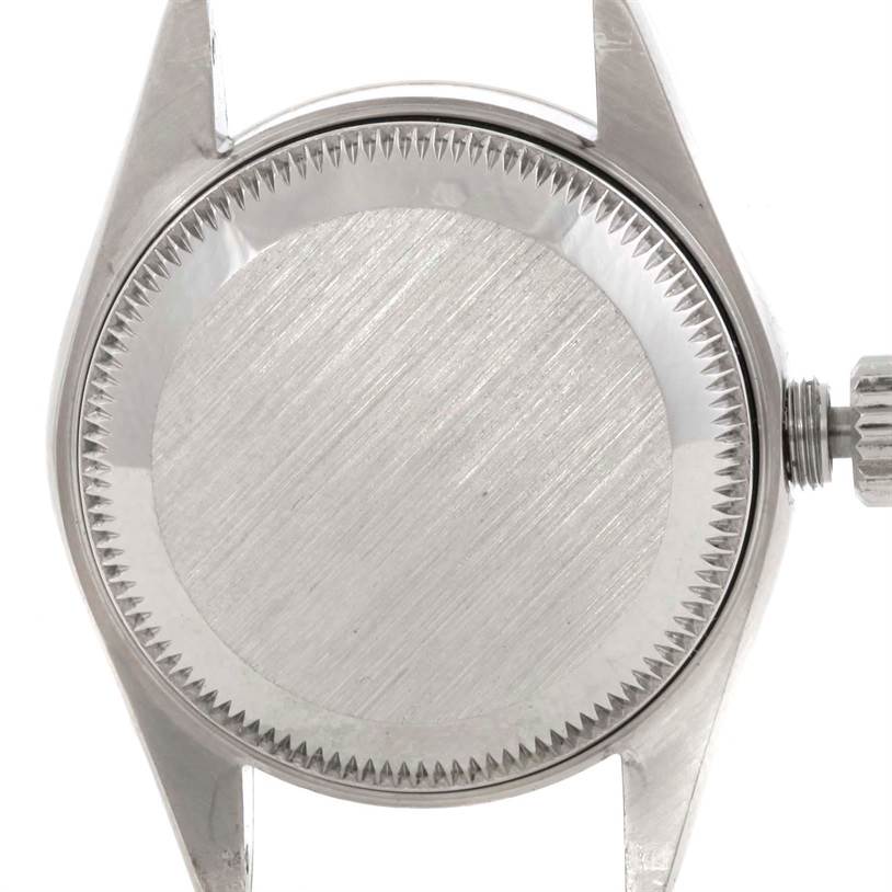 This image shows the back case of a Rolex Datejust 79174 Women's Stainless Steel Pink Dial 79174 Women's Stainless Steel Pink Dial watch, viewed from the rear with the crown visible on the right.