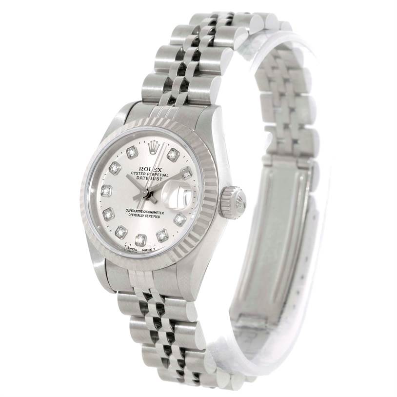 The image shows a three-quarter angle view of a Rolex Datejust 69174 Women
s Stainless Steel Silver Dial 69174 Women
s Stainless Steel Silver Dial watch, highlighting its dial, case, and bracelet.