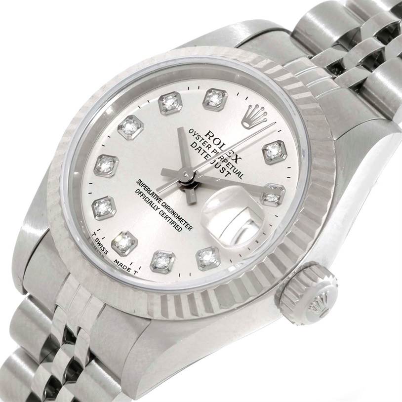 The image shows a close-up angled view of a Rolex Datejust 69174 Women
s Stainless Steel Silver Dial 69174 Women
s Stainless Steel Silver Dial watch, focusing on the face, crown, and part of the bracelet.