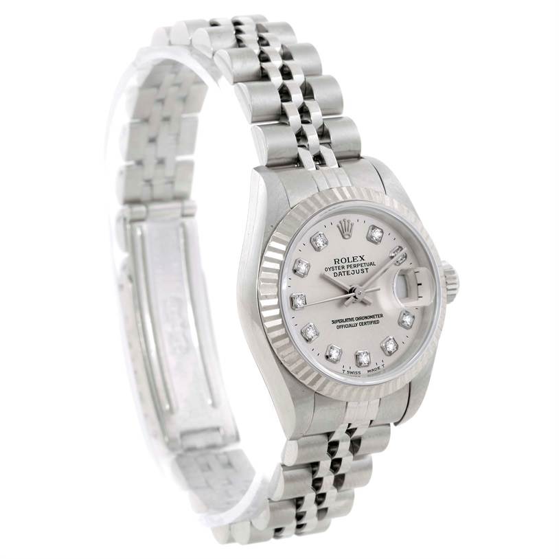 This Rolex Datejust 69174 Women
s Stainless Steel Silver Dial 69174 Women
s Stainless Steel Silver Dial watch is shown at an angle displaying the face, case, dial, and a part of the bracelet.